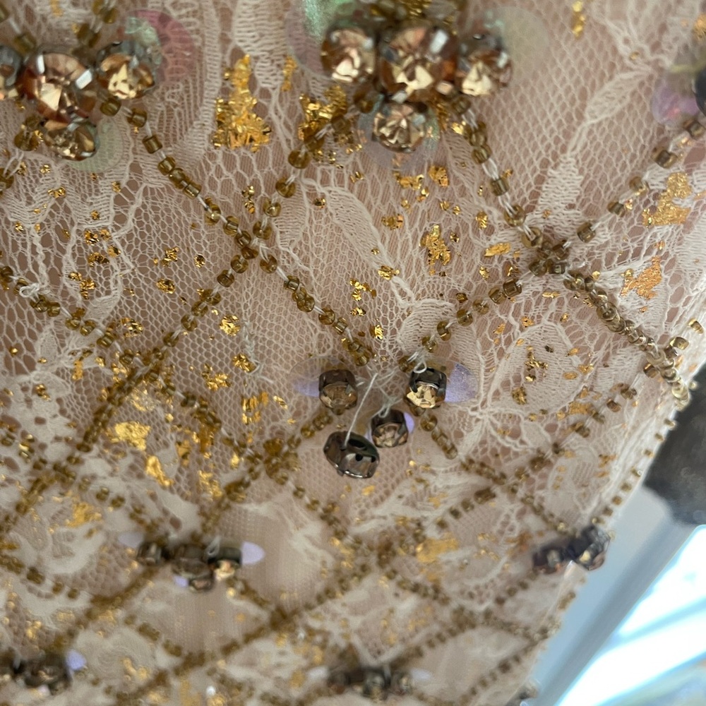 Anthropologie Gold-Beige Beaded V-Neck Midi Dress - Picture 8 of 12